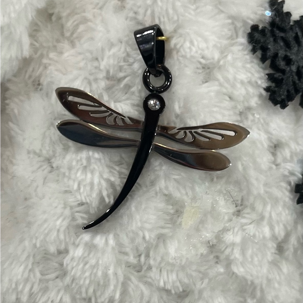 Dragonfly Pendant Stainless Steele Silver & Black with CZ beautiful
